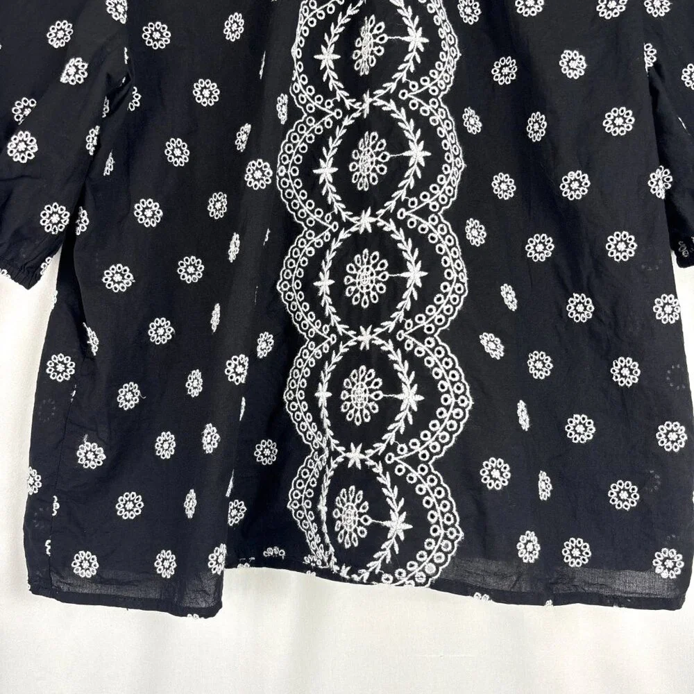 LOFT Black‎ Embroidered Puff Sleeve Top Women's Size Large Boho Cottagecore